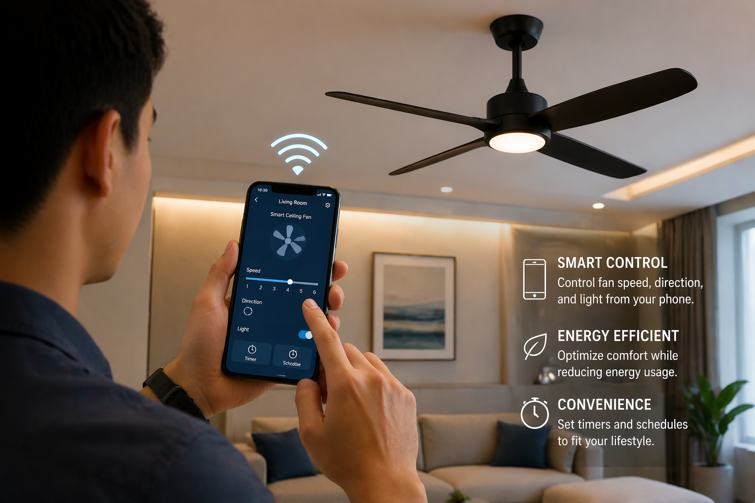 Smart Ceiling Fan Control A person using a smartphone to control a smart ceiling fan