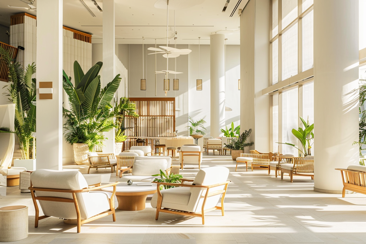 Bulk ceiling fans in a hotel lobby