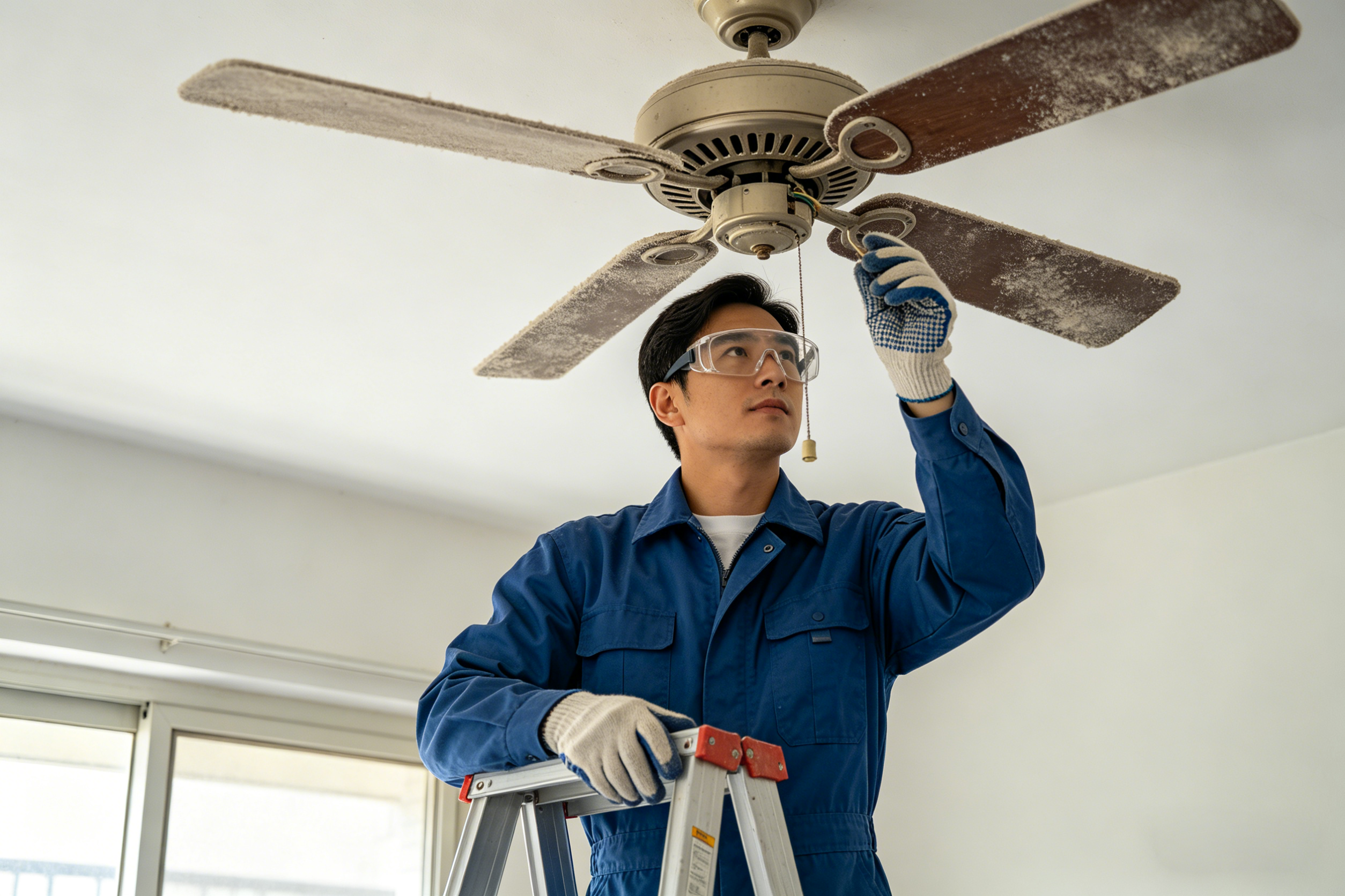 Technician examining a ceiling fan